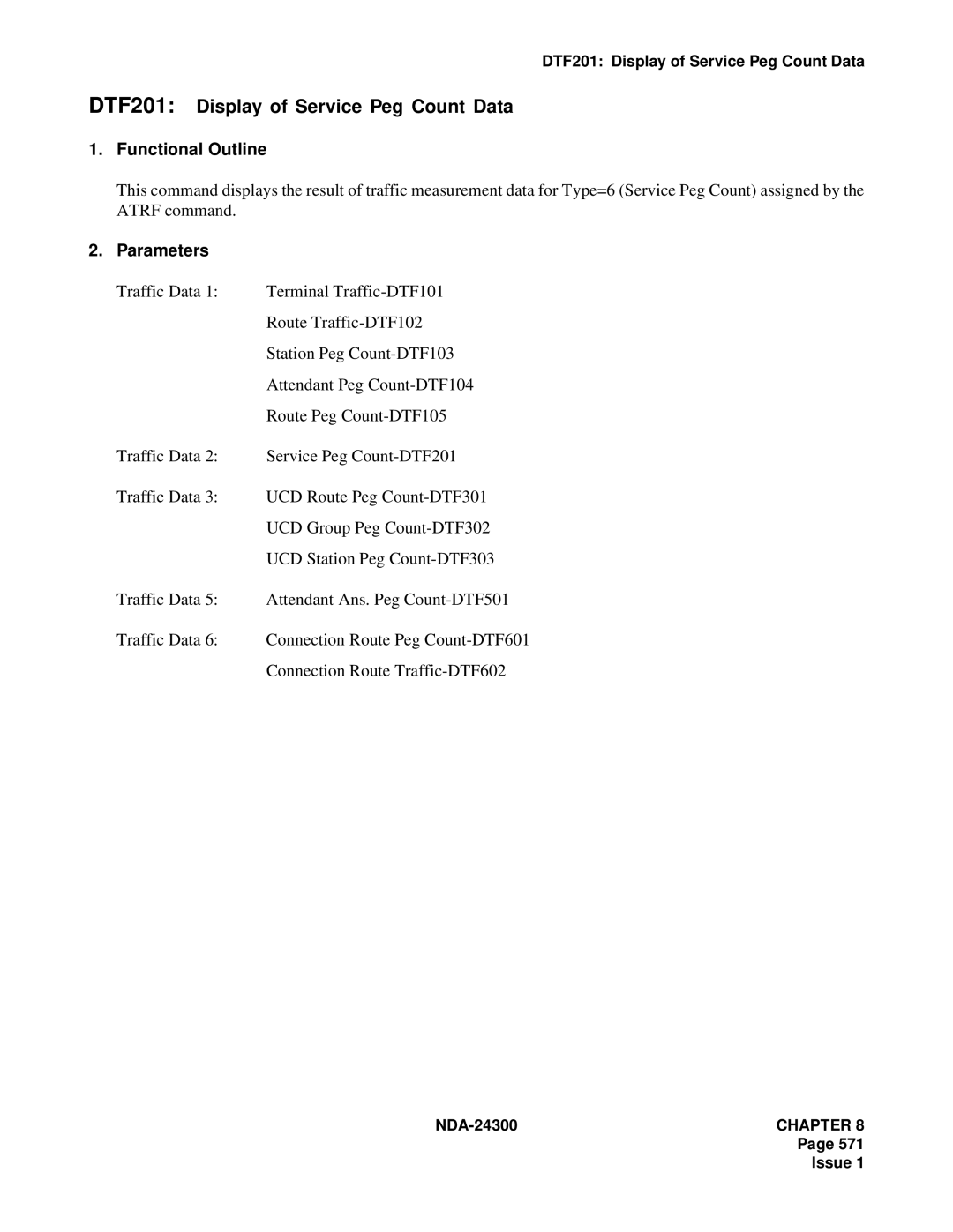 NEC NDA-24300 manual DTF201 Display of Service Peg Count Data 