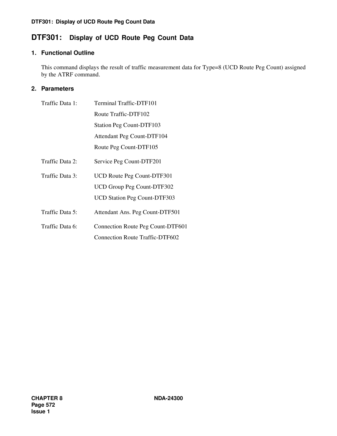 NEC NDA-24300 manual DTF301 Display of UCD Route Peg Count Data 