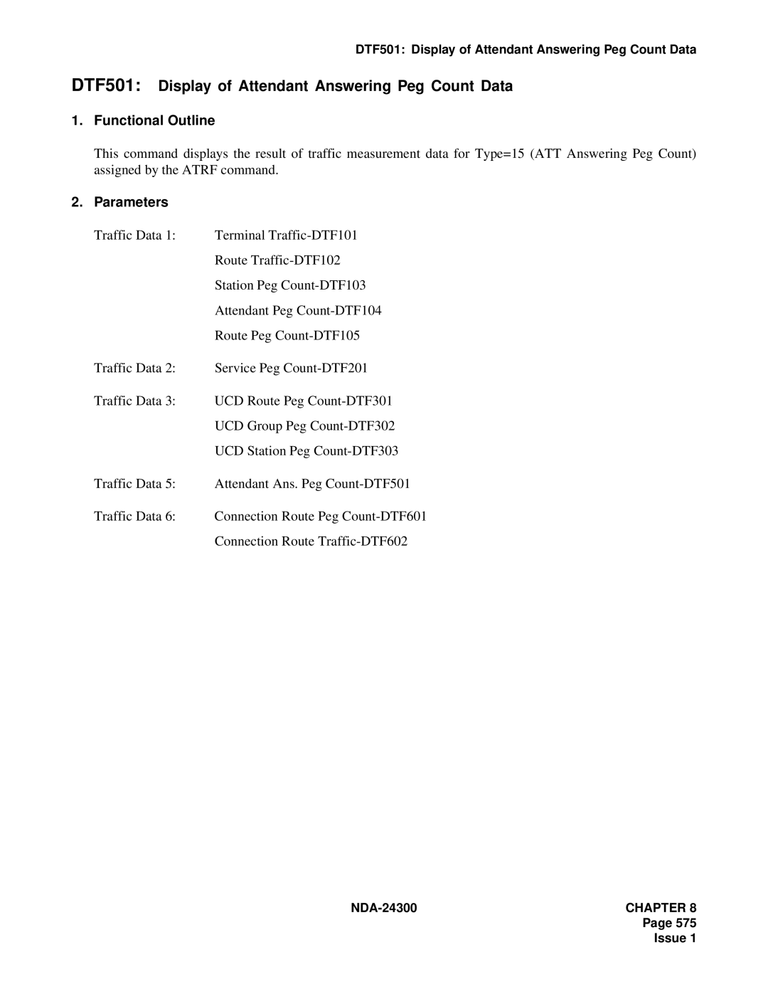 NEC NDA-24300 manual DTF501 Display of Attendant Answering Peg Count Data 