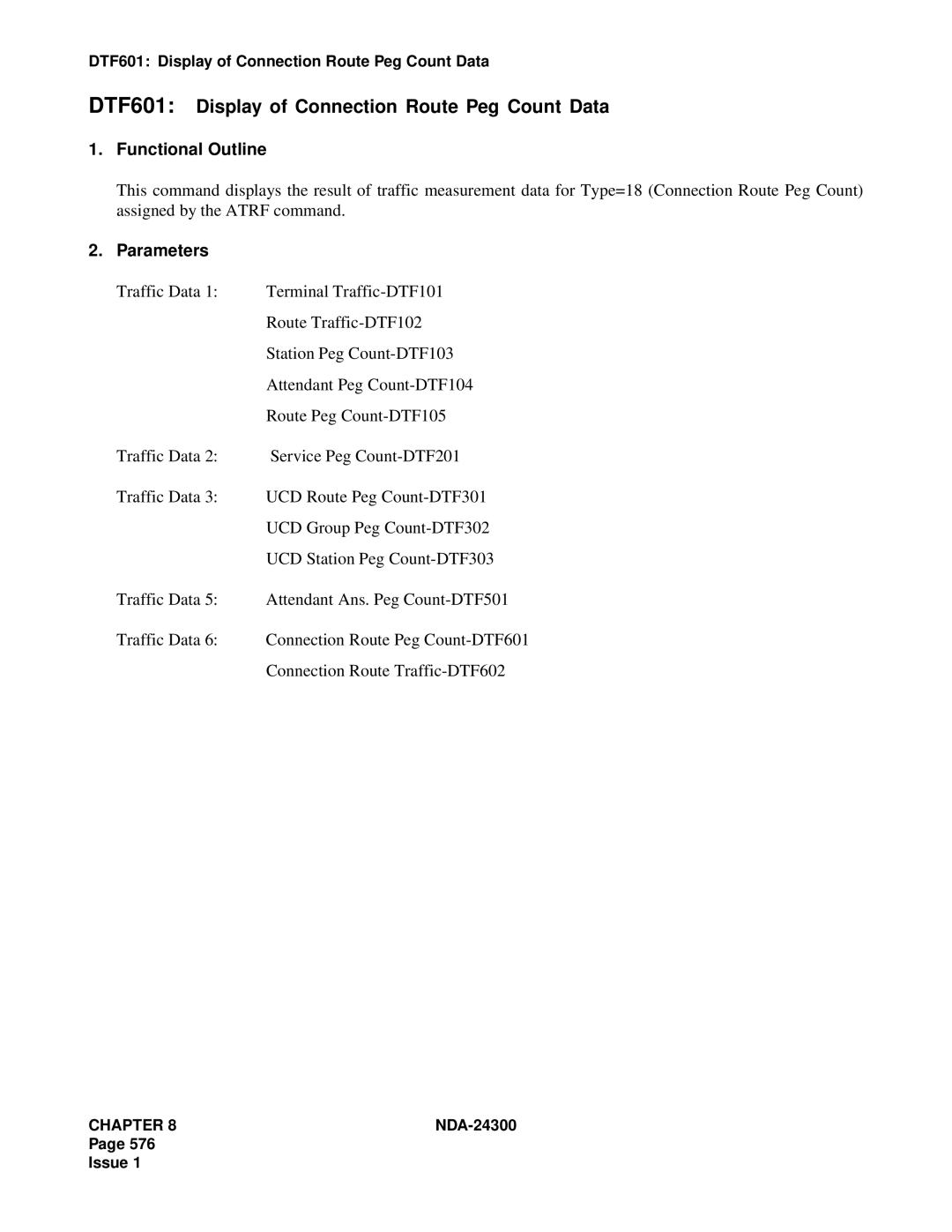 NEC NDA-24300 manual DTF601 Display of Connection Route Peg Count Data 