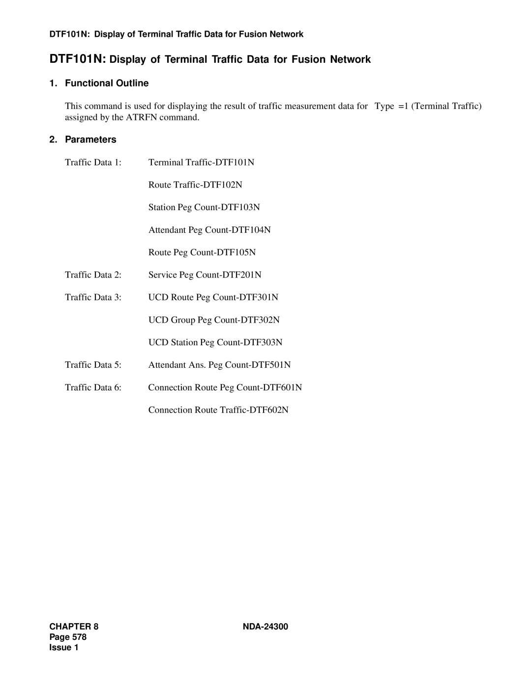 NEC NDA-24300 manual DTF101N Display of Terminal Traffic Data for Fusion Network 