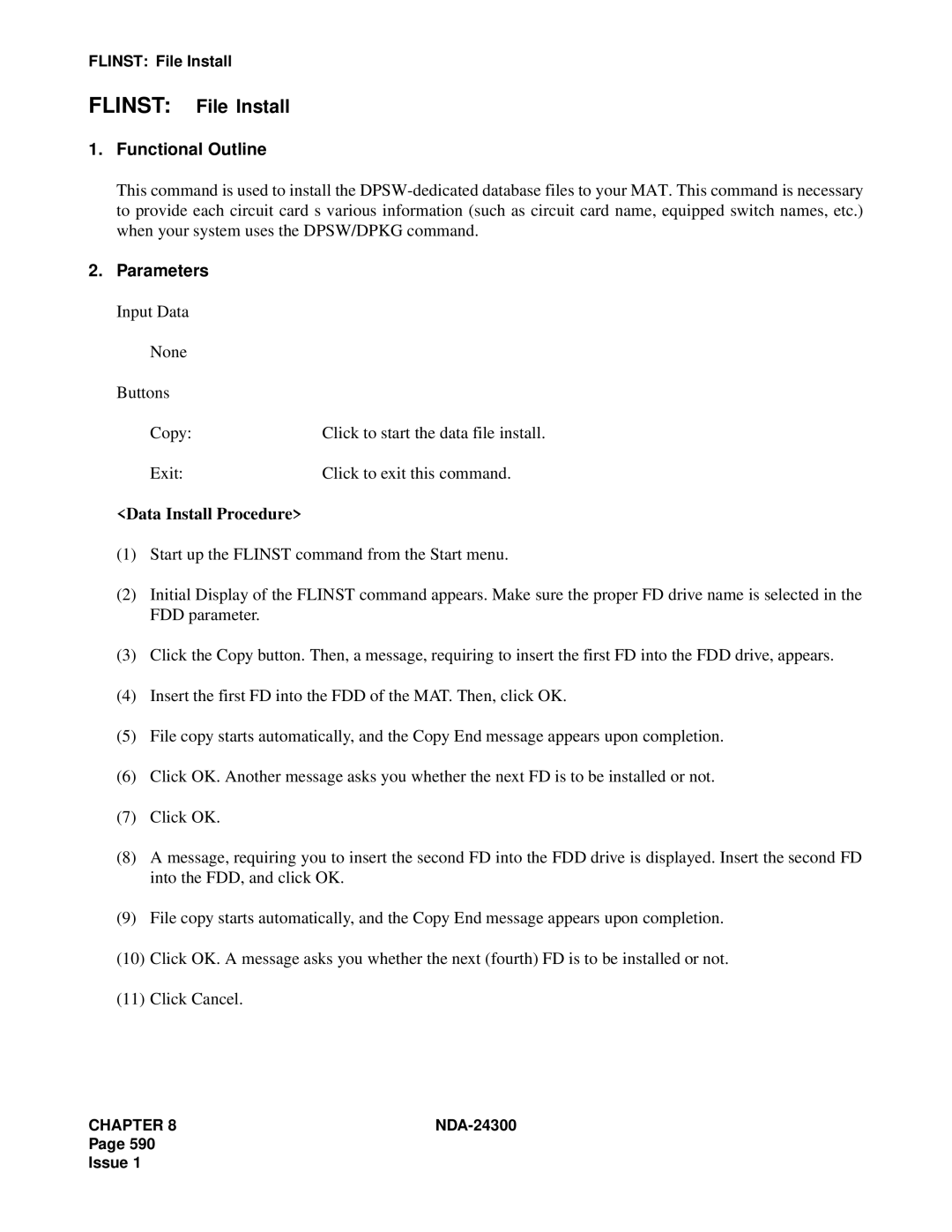 NEC NDA-24300 manual Flinst File Install, Data Install Procedure 