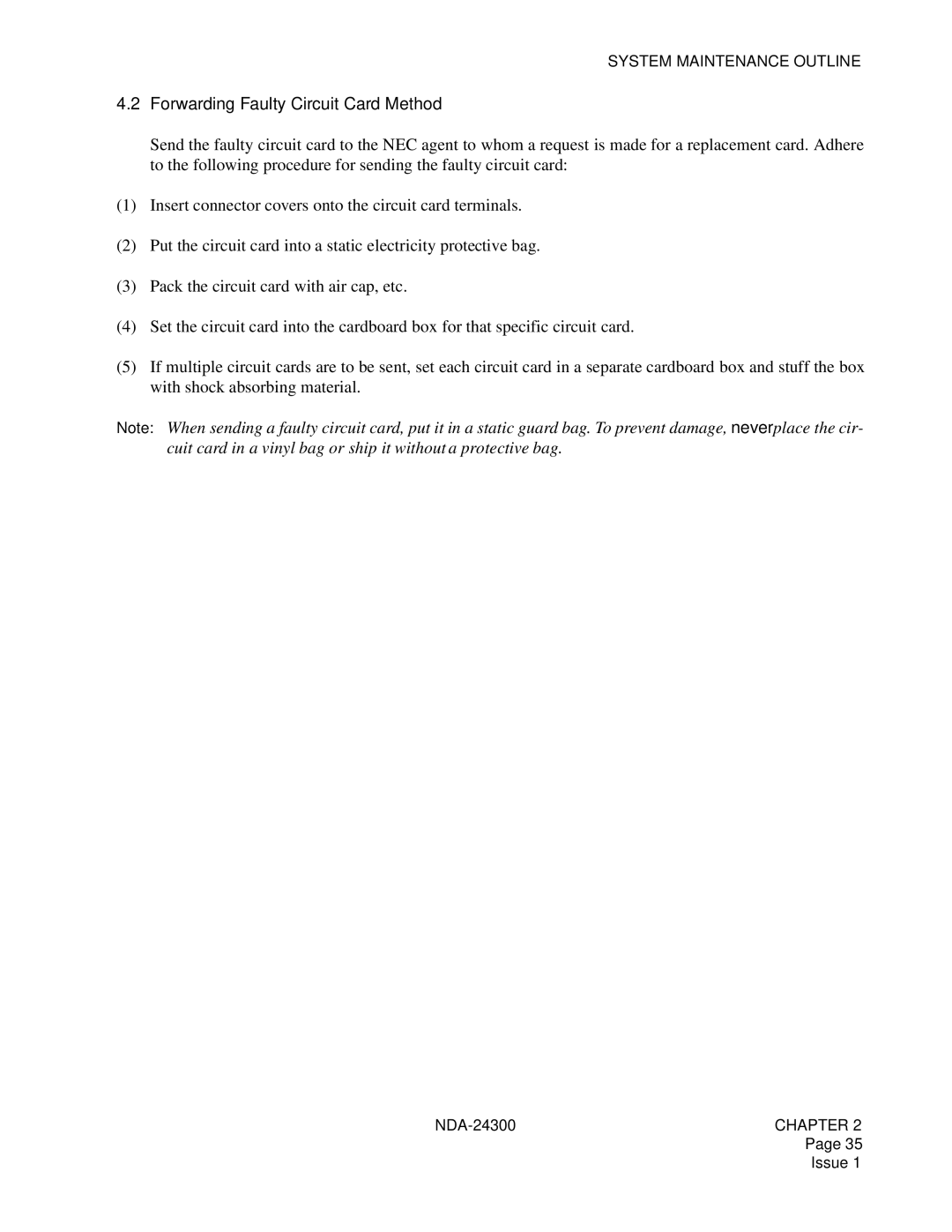 NEC NDA-24300 manual Forwarding Faulty Circuit Card Method 