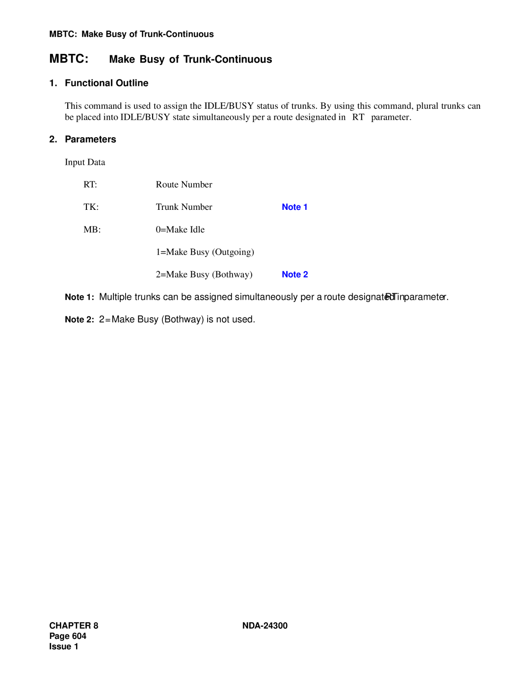 NEC NDA-24300 manual Mbtc Make Busy of Trunk-Continuous 