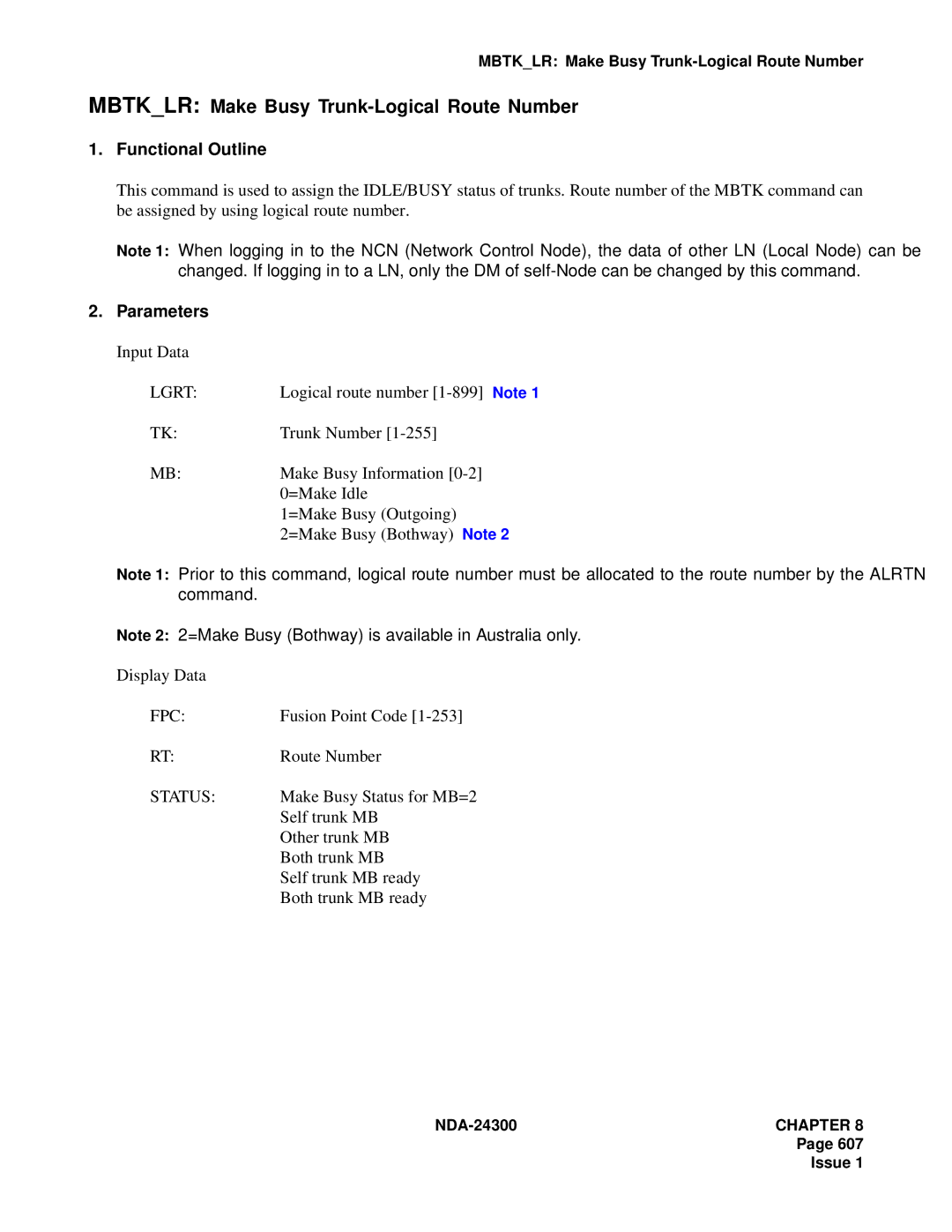 NEC NDA-24300 manual Mbtklr Make Busy Trunk-Logical Route Number 