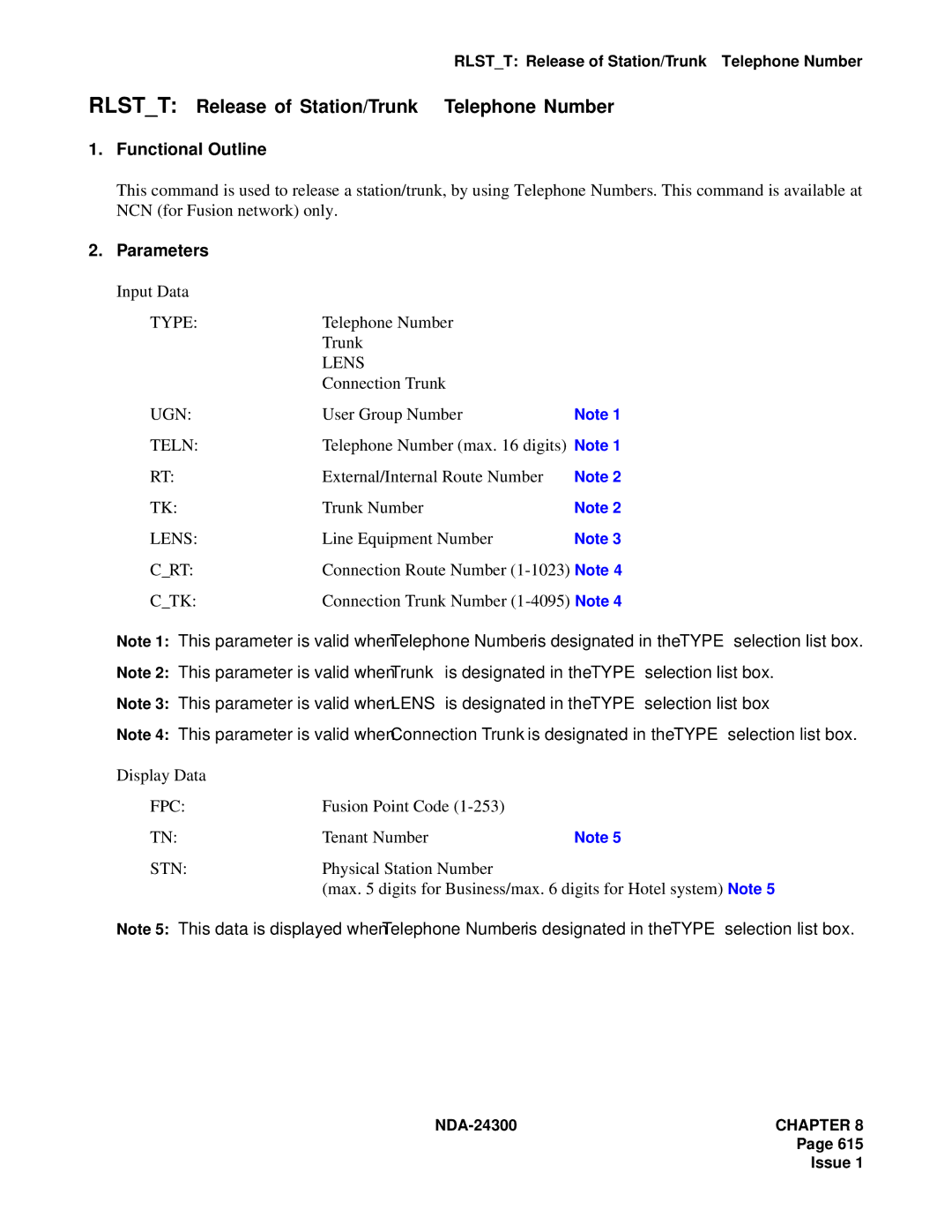 NEC NDA-24300 manual Rlstt Release of Station/Trunk Telephone Number, Telephone Number Trunk, Connection Trunk 