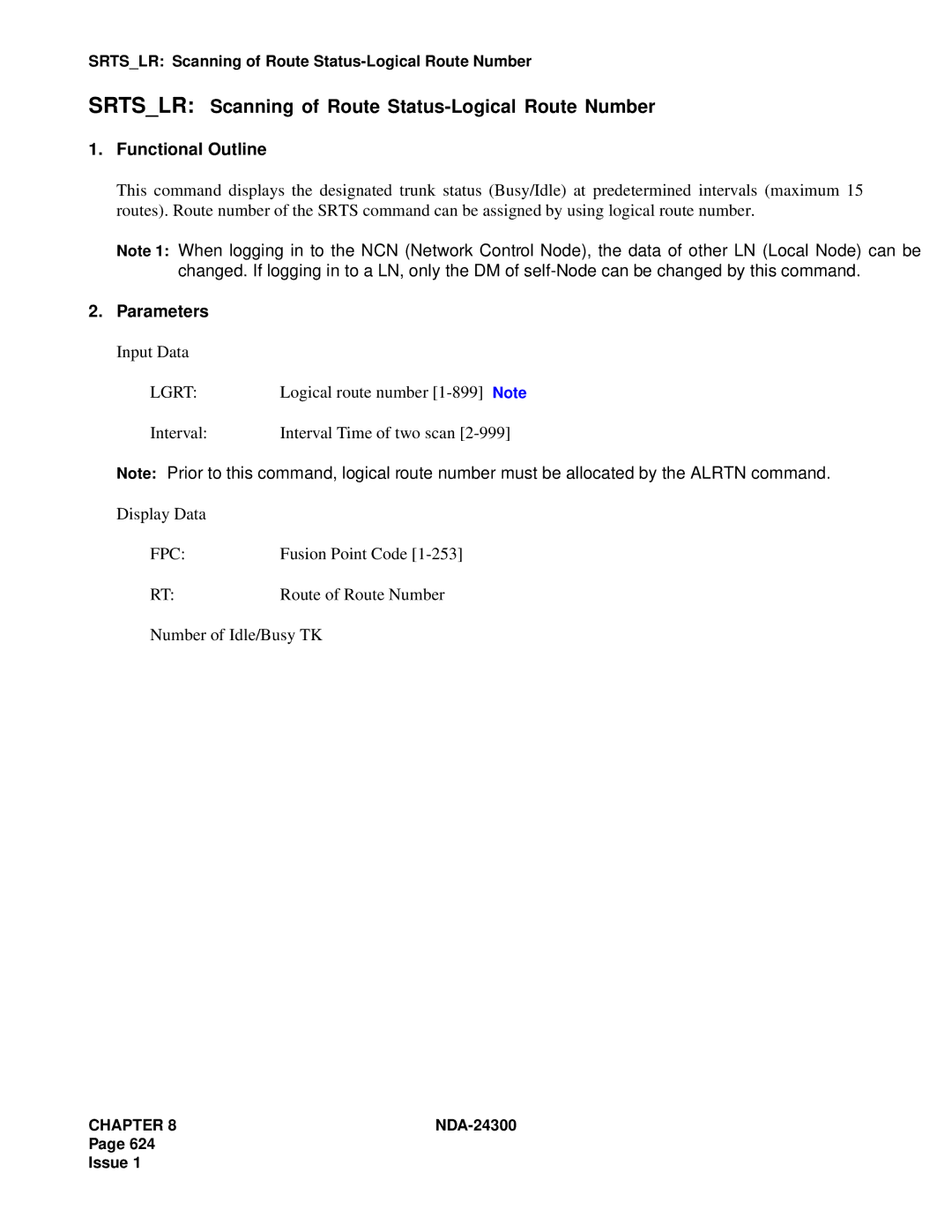 NEC NDA-24300 manual Srtslr Scanning of Route Status-Logical Route Number, Interval Interval Time of two scan Display Data 