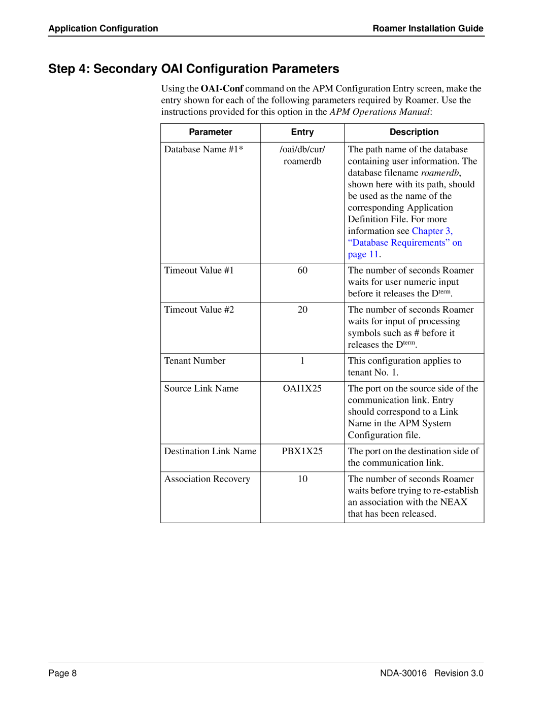 NEC NDA-30016-003 manual Secondary OAI Configuration Parameters, Database Requirements on 