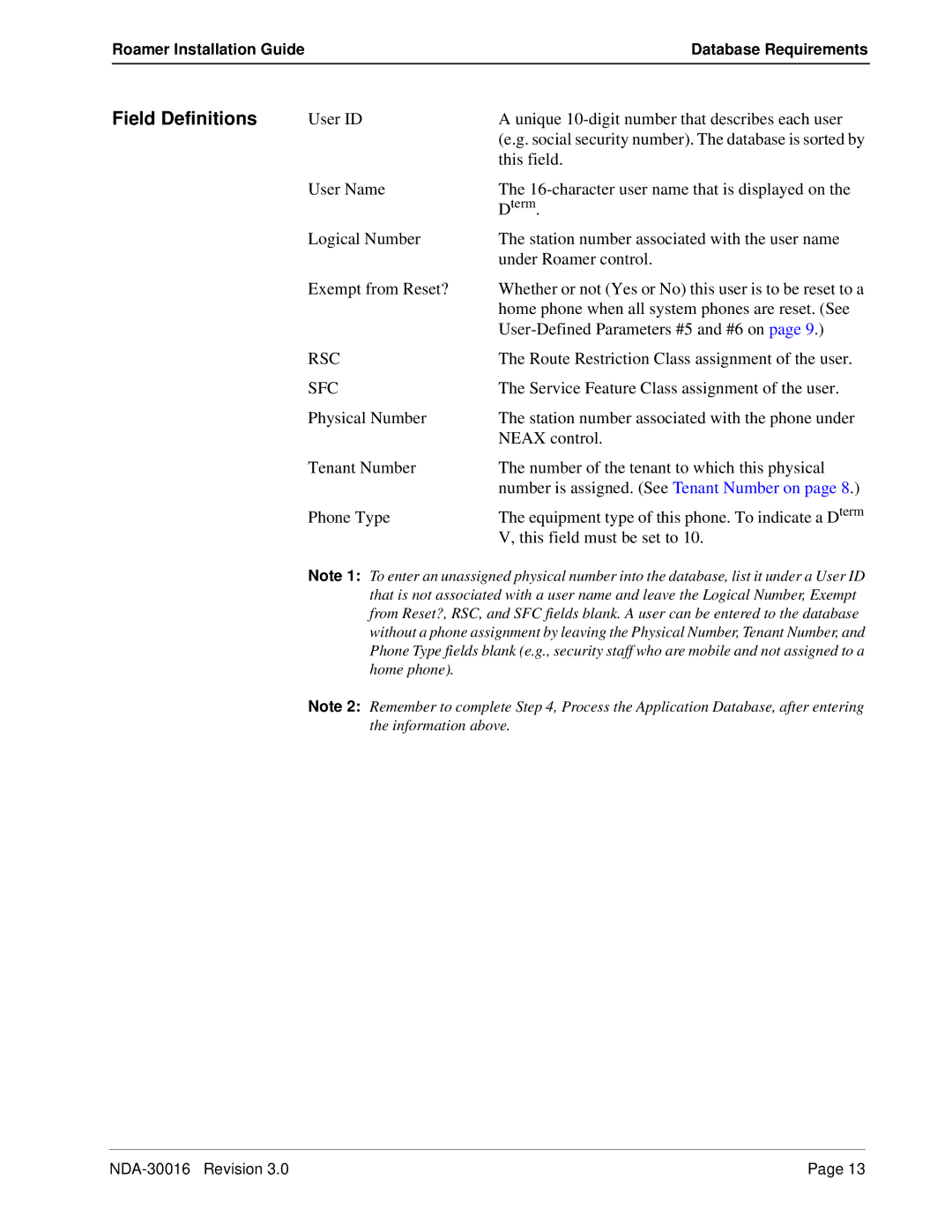 NEC NDA-30016-003 manual Field Definitions 