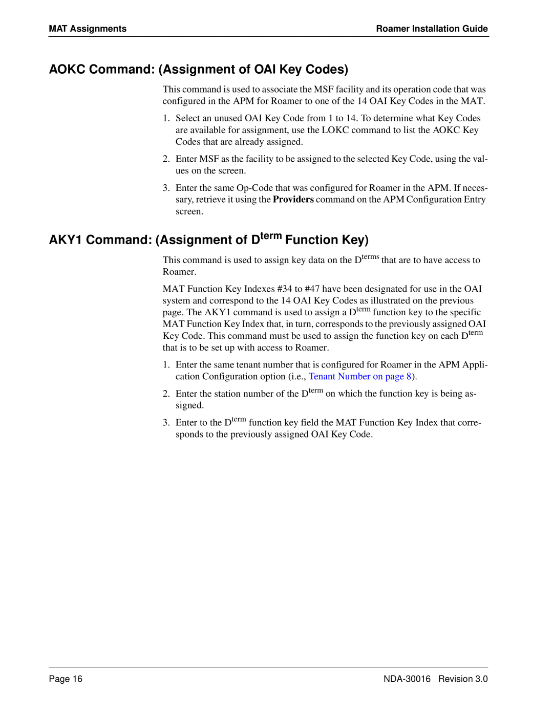 NEC NDA-30016-003 manual AOKC Command Assignment of OAI Key Codes, AKY1 Command Assignment of Dterm Function Key 