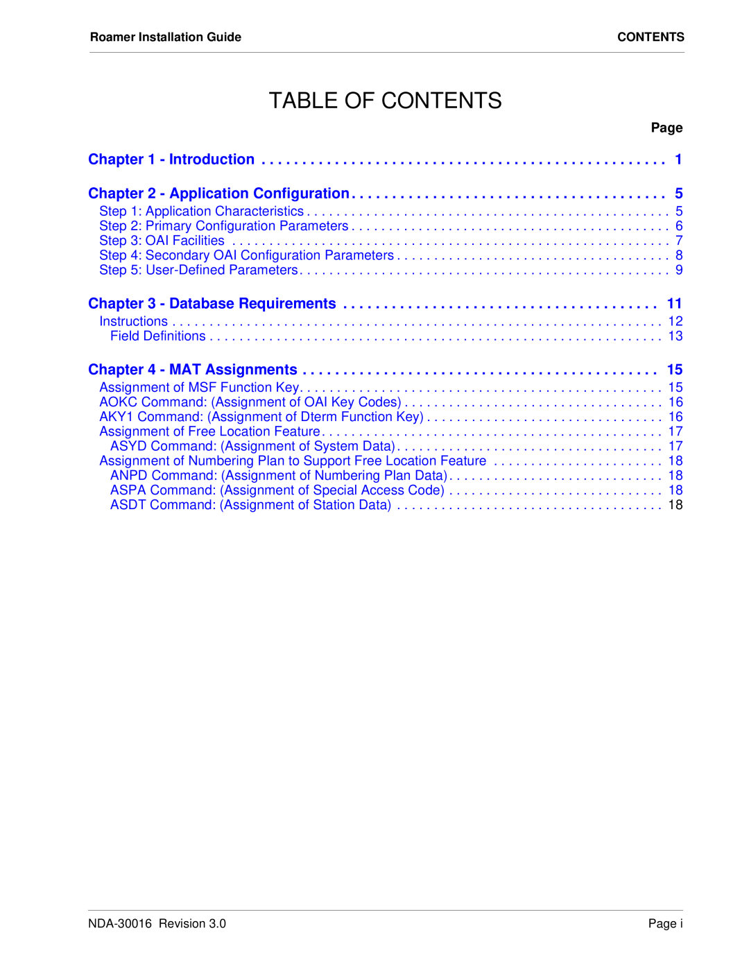 NEC NDA-30016-003 manual Table Of Contents, Page, Database Requirements, MAT Assignments 