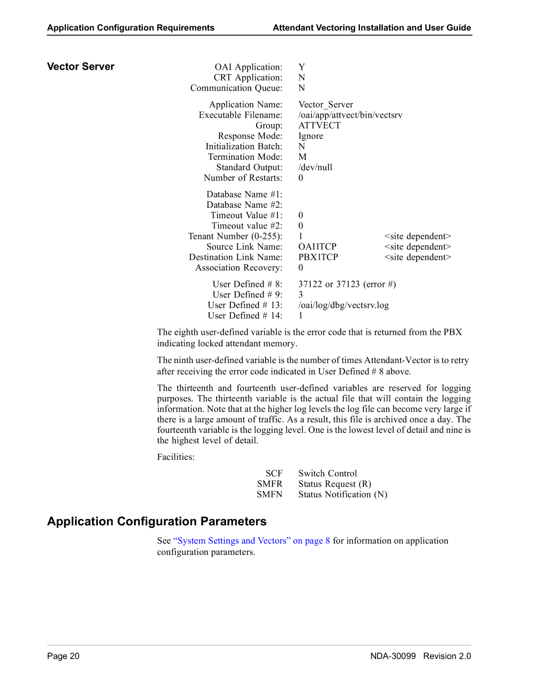 NEC NDA-30099-002 manual $SSOLFDWLRQ&RQILJXUDWLRQ3DUDPHWHUV, 9HFWRU6HUYHU 