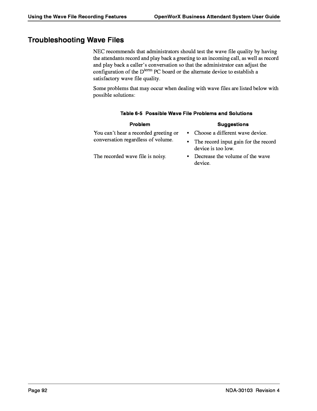 NEC NDA-30103-004 manual Troubleshooting Wave Files 