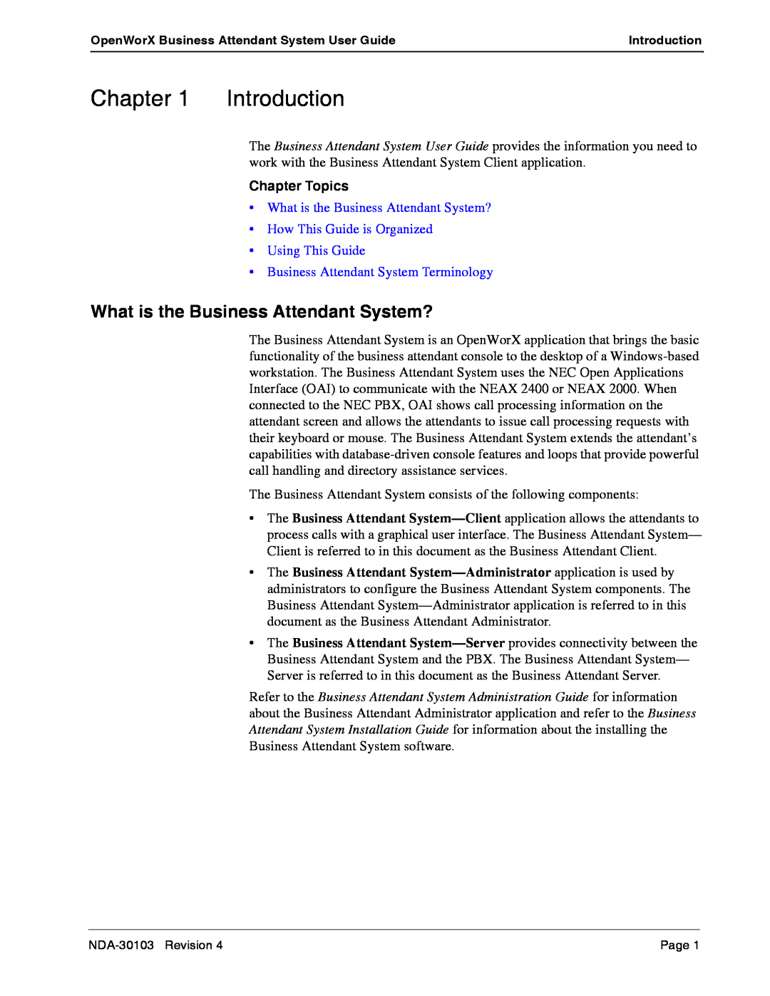 NEC NDA-30103-004 manual What is the Business Attendant System?, Introduction, Chapter Topics 