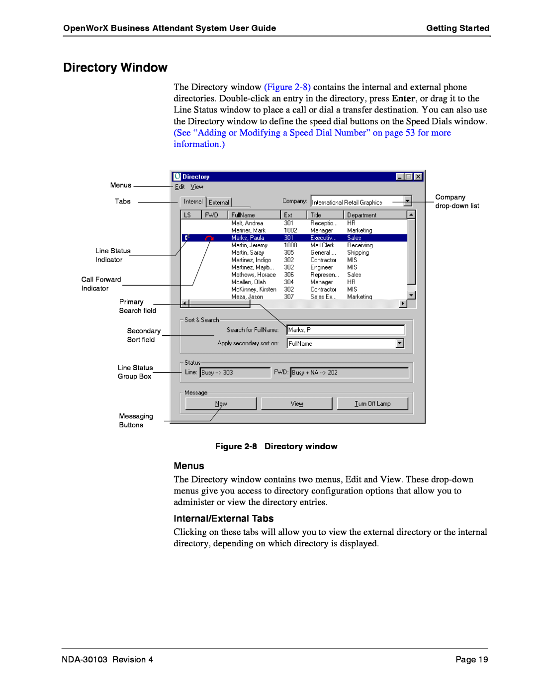 NEC NDA-30103-004 manual Directory Window, Menus, Internal/External Tabs 