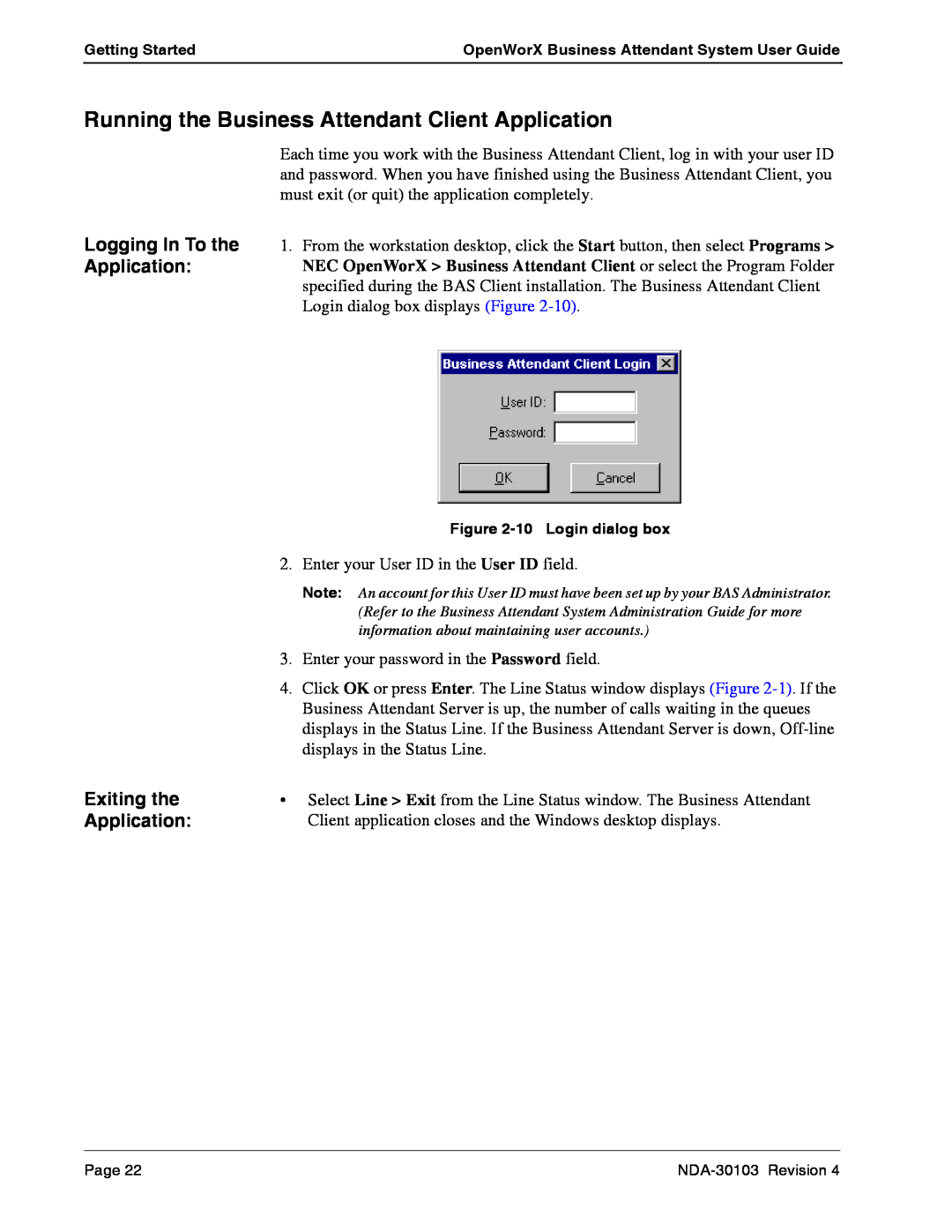 NEC NDA-30103-004 manual Running the Business Attendant Client Application, Exiting the 