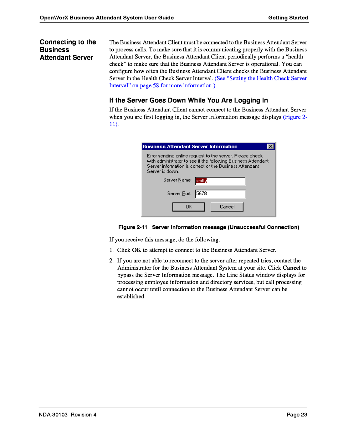 NEC NDA-30103-004 manual Connecting to the Business Attendant Server, If the Server Goes Down While You Are Logging In 