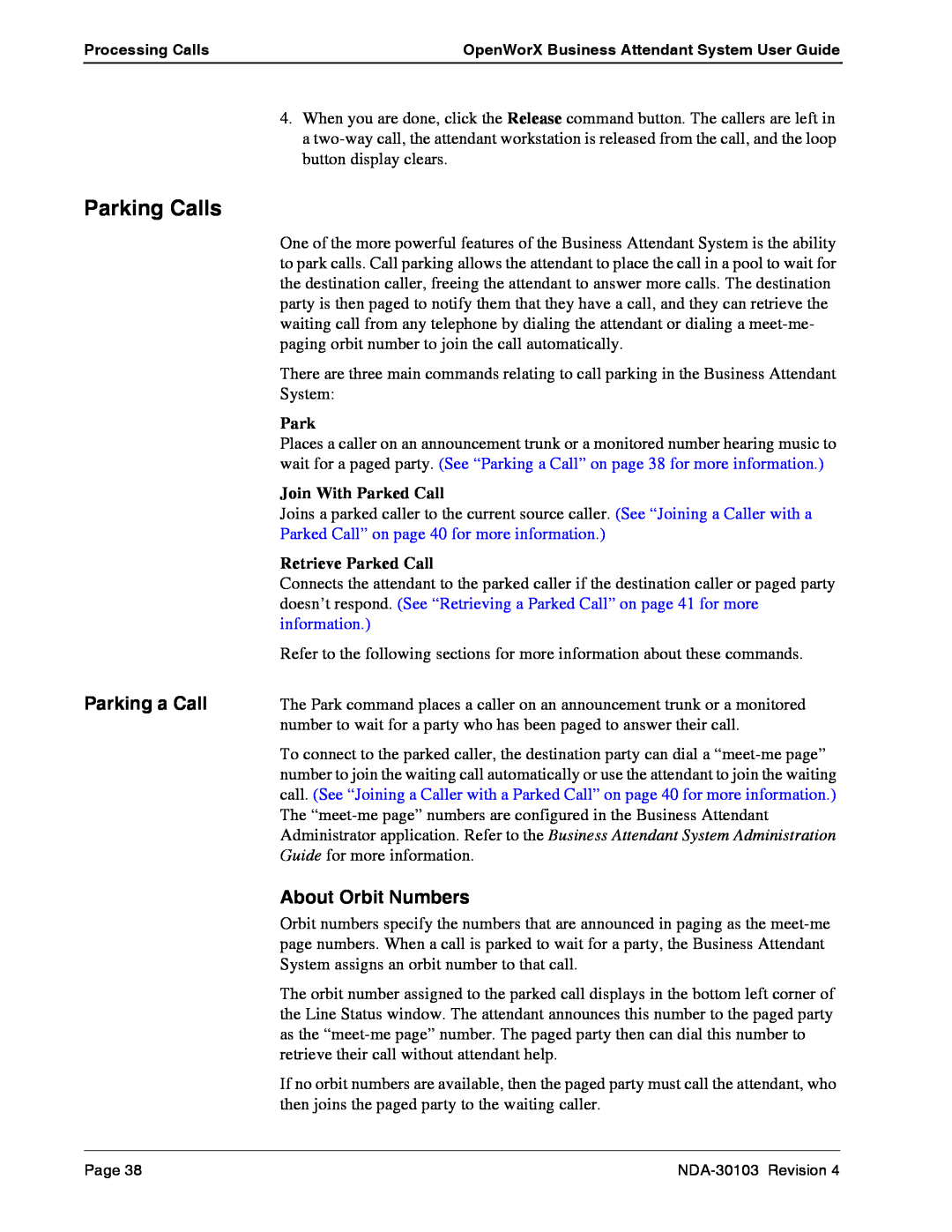 NEC NDA-30103-004 manual Parking Calls, Parking a Call, About Orbit Numbers, Parked Call” on page 40 for more information 