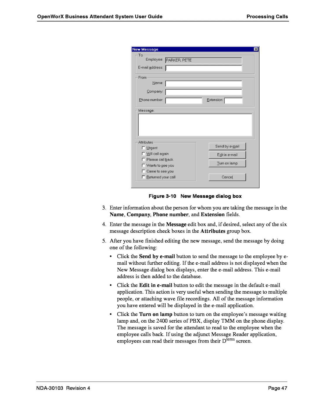 NEC NDA-30103-004 manual OpenWorX Business Attendant System User Guide, Processing Calls, 10New Message dialog box 