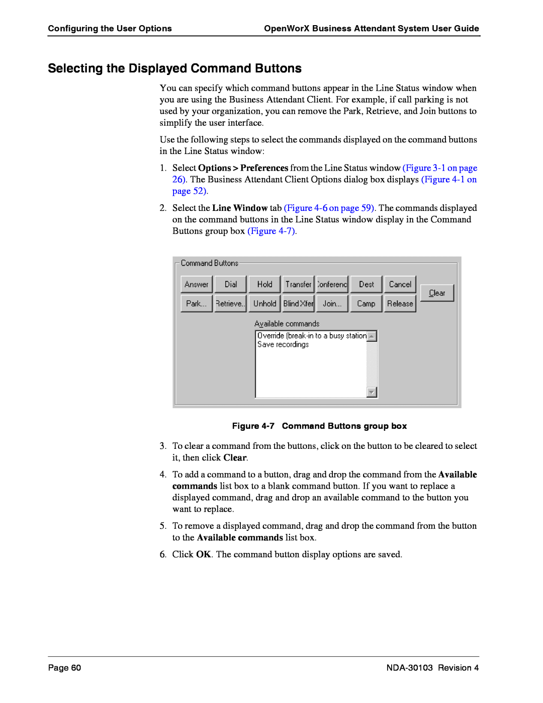 NEC NDA-30103-004 manual Selecting the Displayed Command Buttons, Configuring the User Options, 7Command Buttons group box 