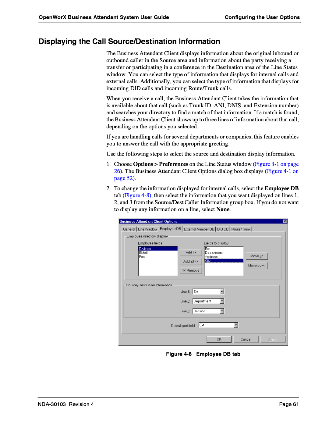 NEC NDA-30103-004 manual OpenWorX Business Attendant System User Guide, Configuring the User Options, 8Employee DB tab 