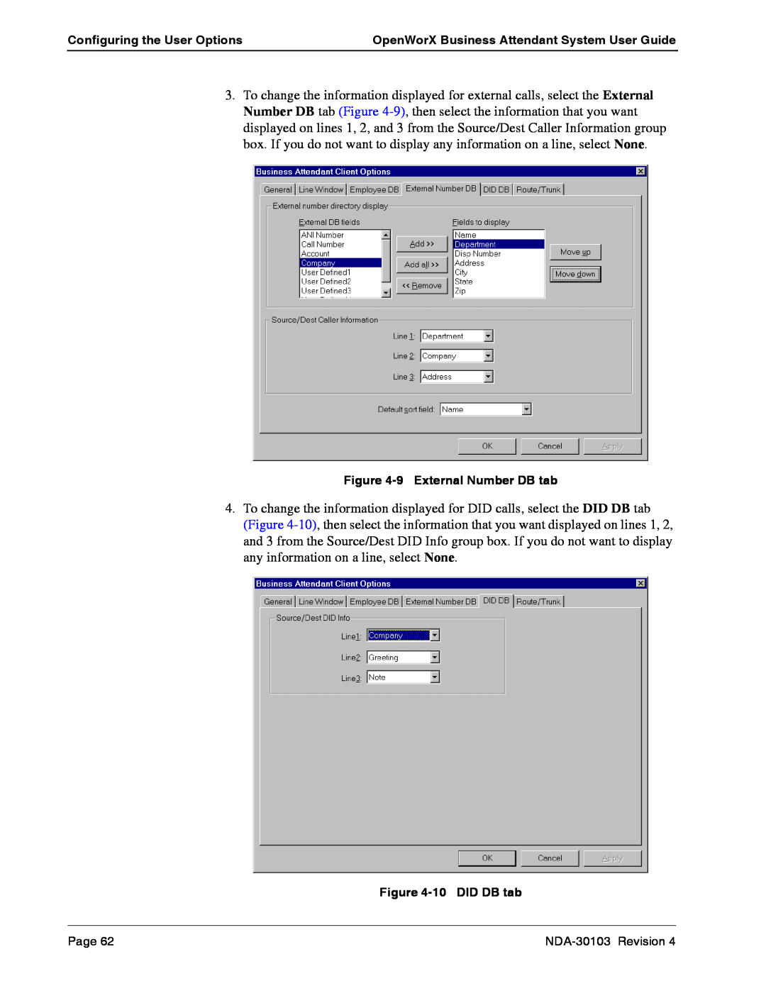 NEC NDA-30103-004 Configuring the User Options, OpenWorX Business Attendant System User Guide, 9External Number DB tab 