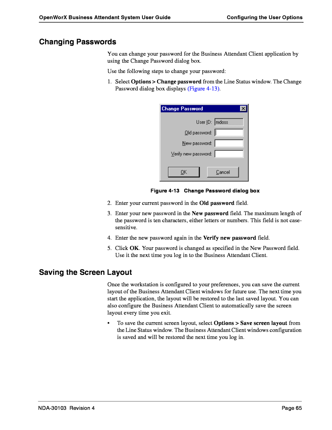 NEC NDA-30103-004 manual Changing Passwords, Saving the Screen Layout 