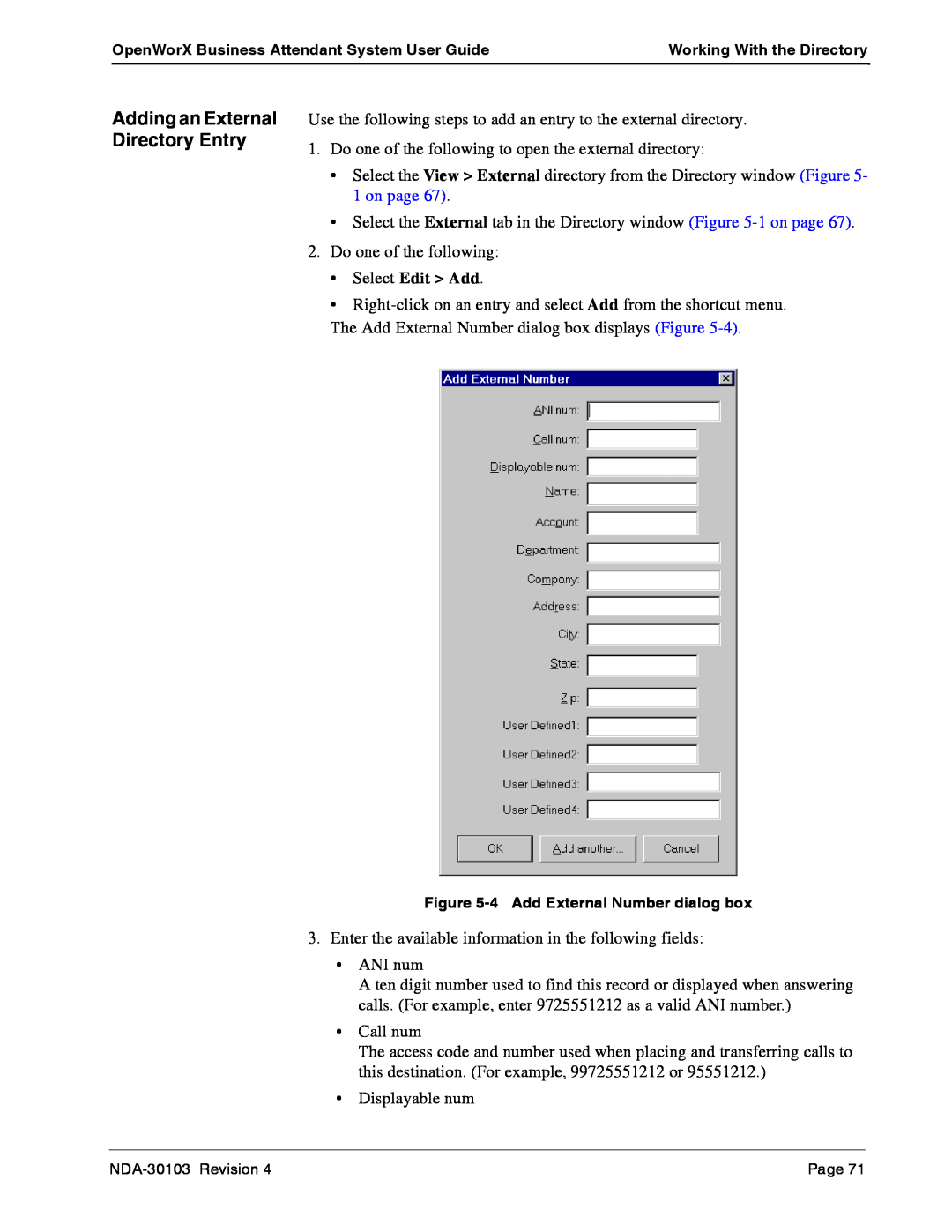 NEC NDA-30103-004 manual Adding an External Directory Entry 