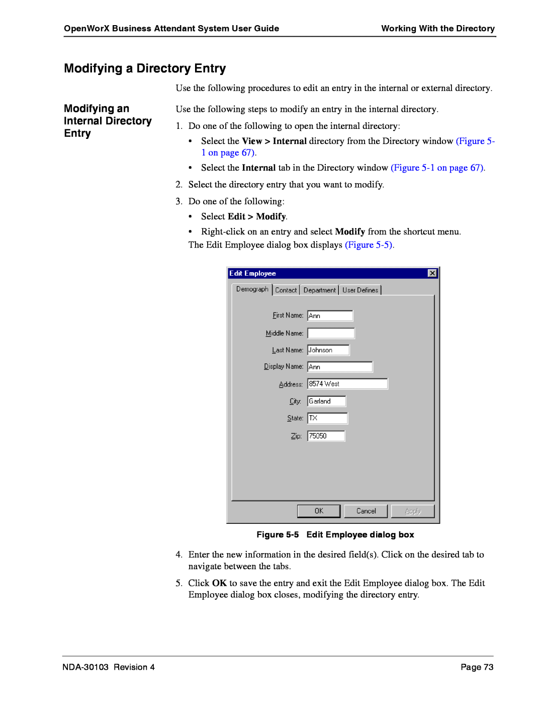NEC NDA-30103-004 manual Modifying a Directory Entry, Modifying an Internal Directory Entry 