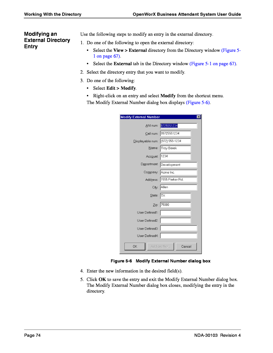 NEC NDA-30103-004 manual Modifying an External Directory Entry 