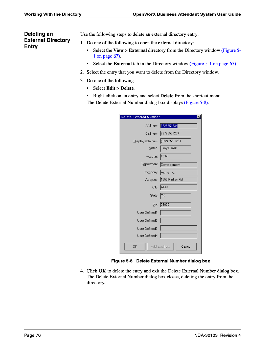 NEC NDA-30103-004 manual Deleting an External Directory Entry 