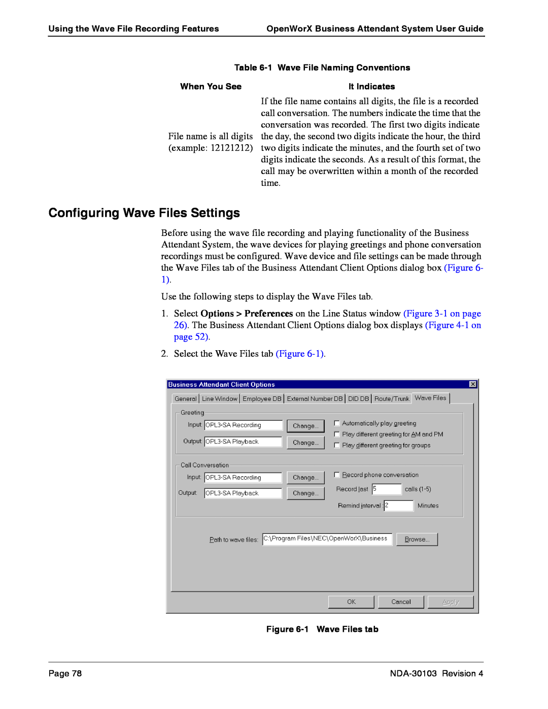 NEC NDA-30103-004 manual Configuring Wave Files Settings 