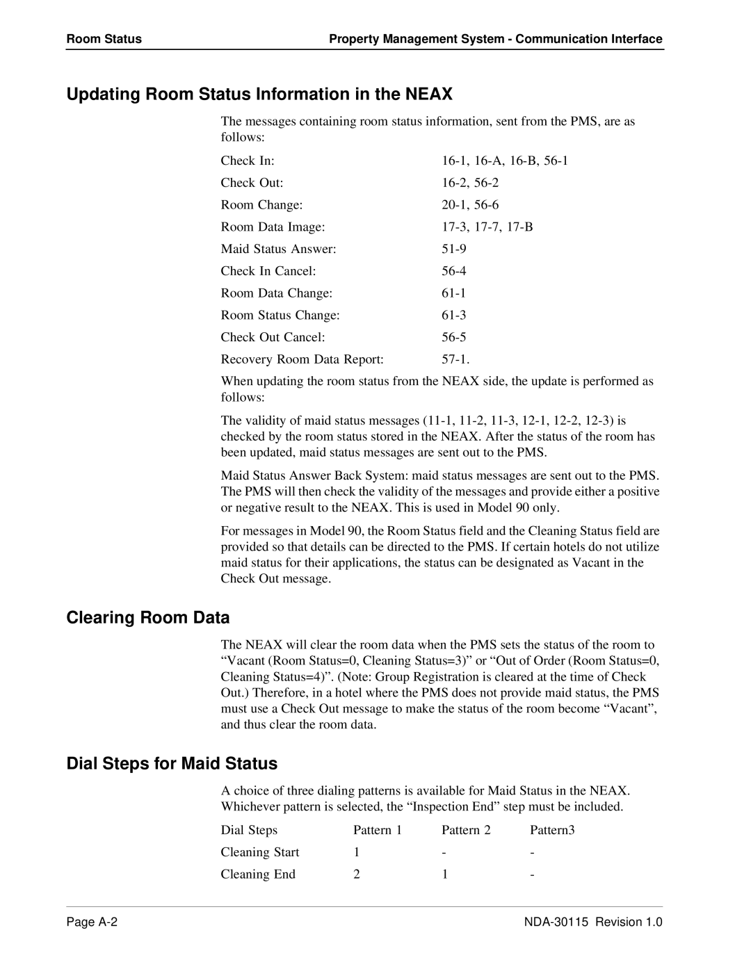 NEC NDA-30115-001 manual Updating Room Status Information in the Neax, Clearing Room Data, Dial Steps for Maid Status 