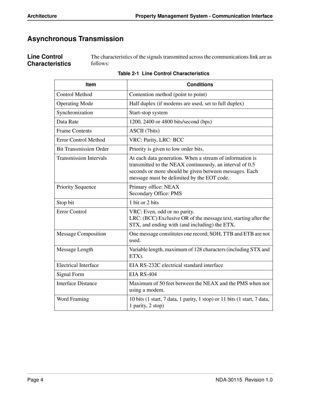 NEC NDA-30115-001 manual Asynchronous Transmission, Line Control, Characteristics 