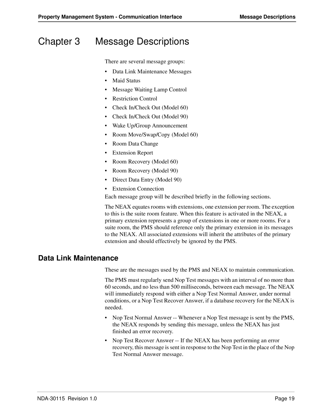 NEC NDA-30115-001 manual Message Descriptions, Data Link Maintenance 