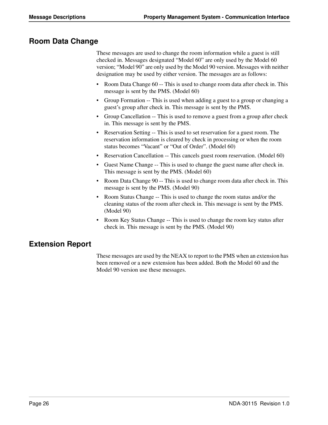 NEC NDA-30115-001 manual Room Data Change, Extension Report 