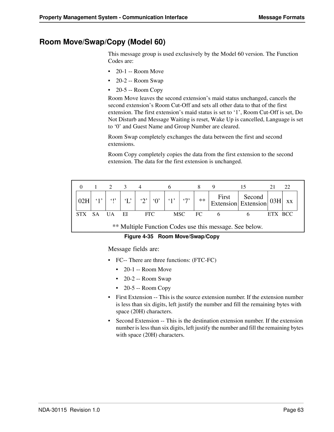 NEC NDA-30115-001 manual Message fields are, Room Move/Swap/Copy 