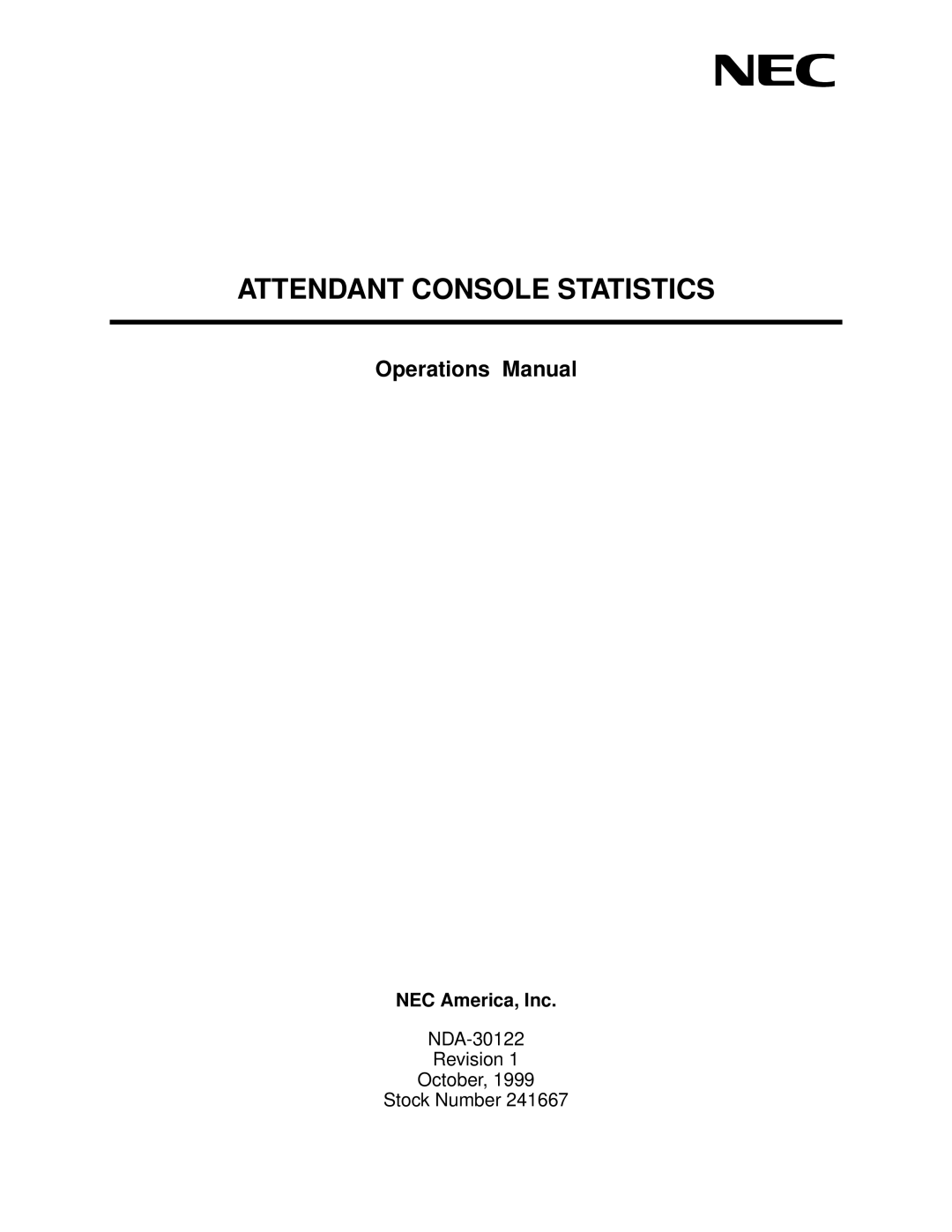 NEC NDA-30122 manual Operations Manual, NEC America, Inc 