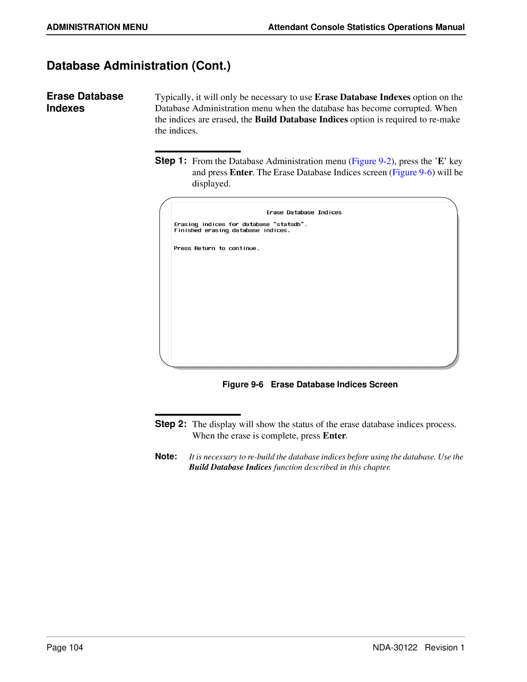 NEC NDA-30122 manual Erase Database Indexes, Erase Database Indices Screen 