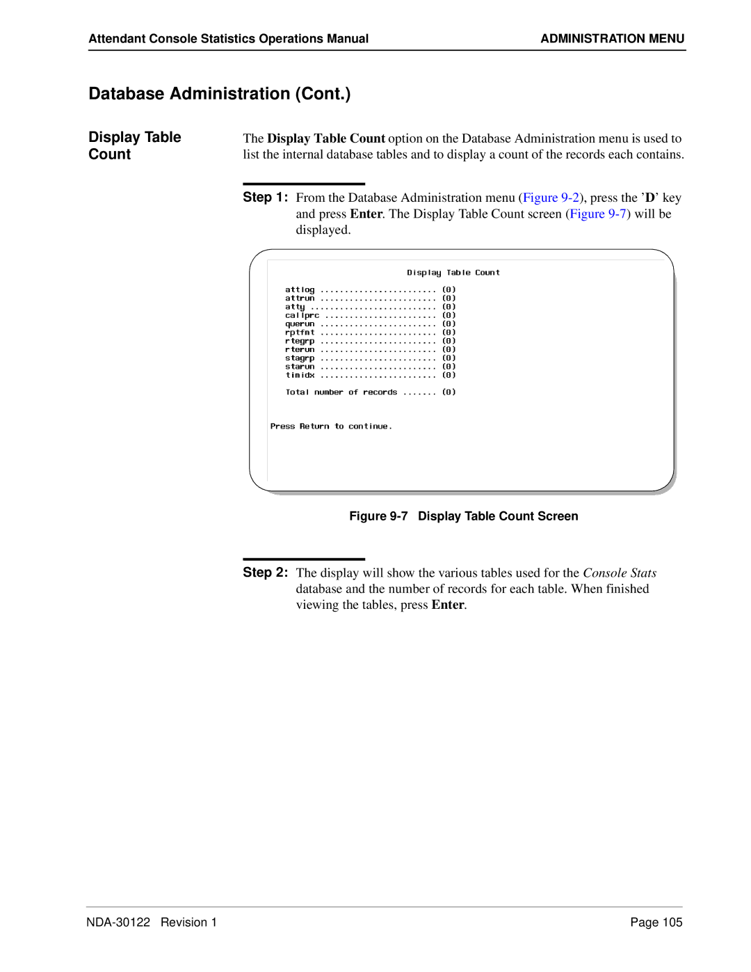 NEC NDA-30122 manual Display Table Count Screen 