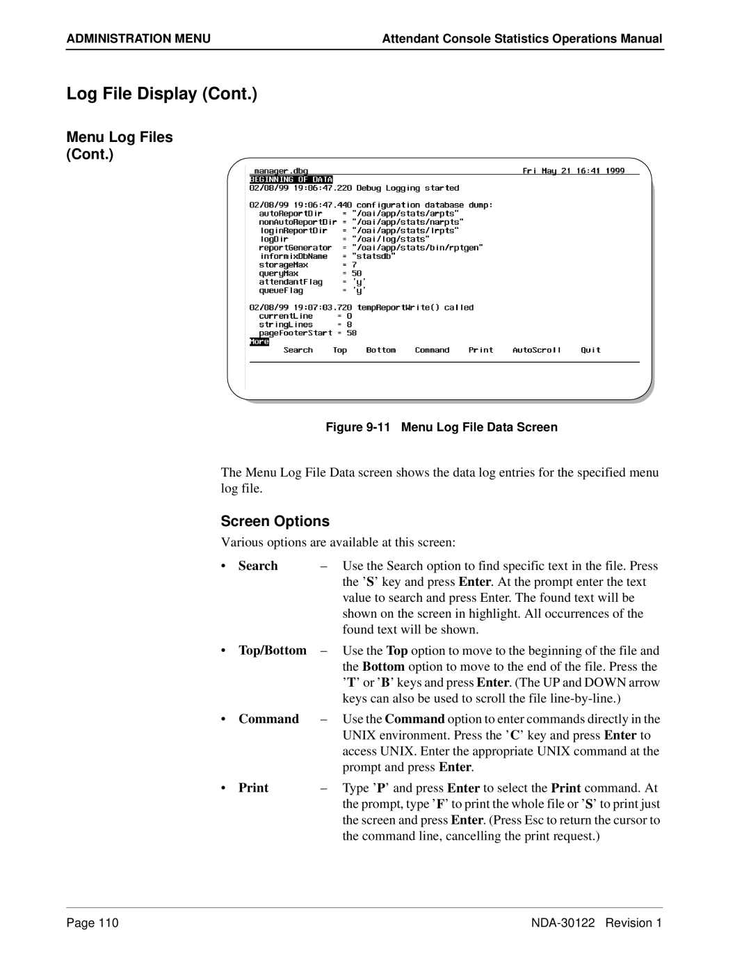 NEC NDA-30122 manual Screen Options, Search, Top/Bottom, Command, Print 