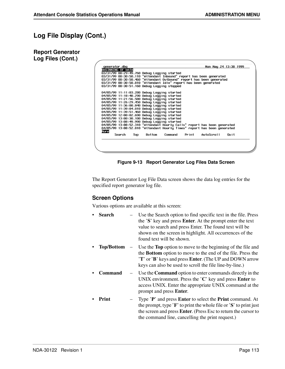 NEC NDA-30122 manual Report Generator Log Files Data Screen 