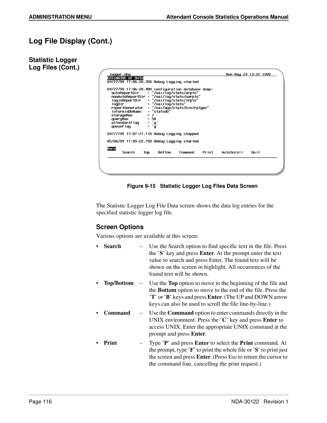 NEC NDA-30122 manual Statistic Logger Log Files Data Screen 