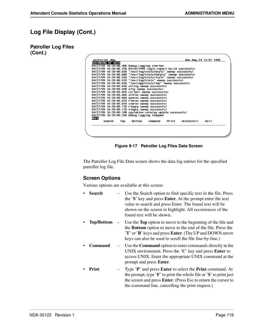 NEC NDA-30122 manual Patroller Log Files Data Screen 