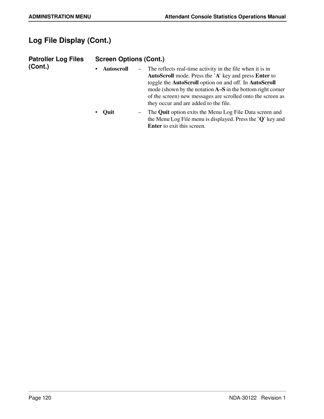 NEC NDA-30122 manual Patroller Log Files Screen Options, Autoscroll 