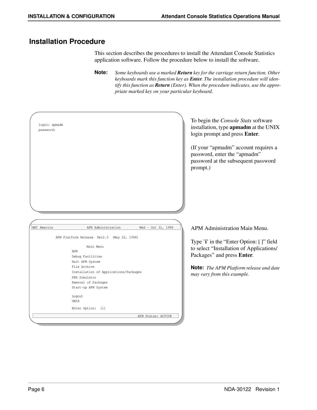 NEC NDA-30122 manual Installation Procedure, APM Administration Main Menu 