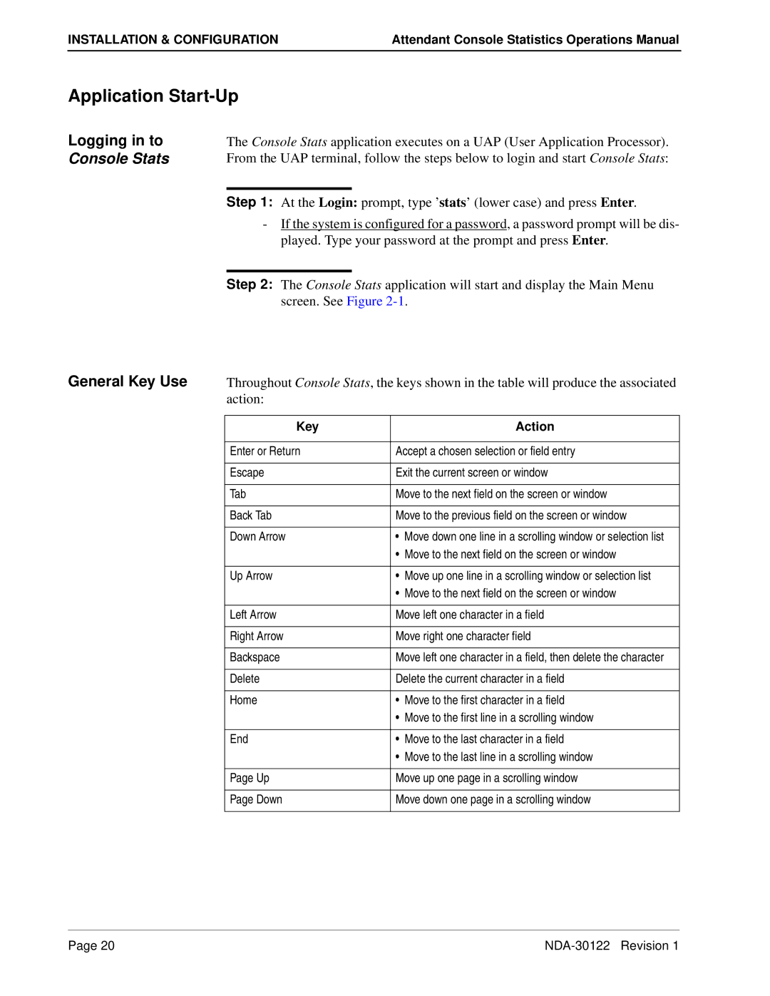 NEC NDA-30122 manual Application Start-Up, Logging in to Console Stats General Key Use 