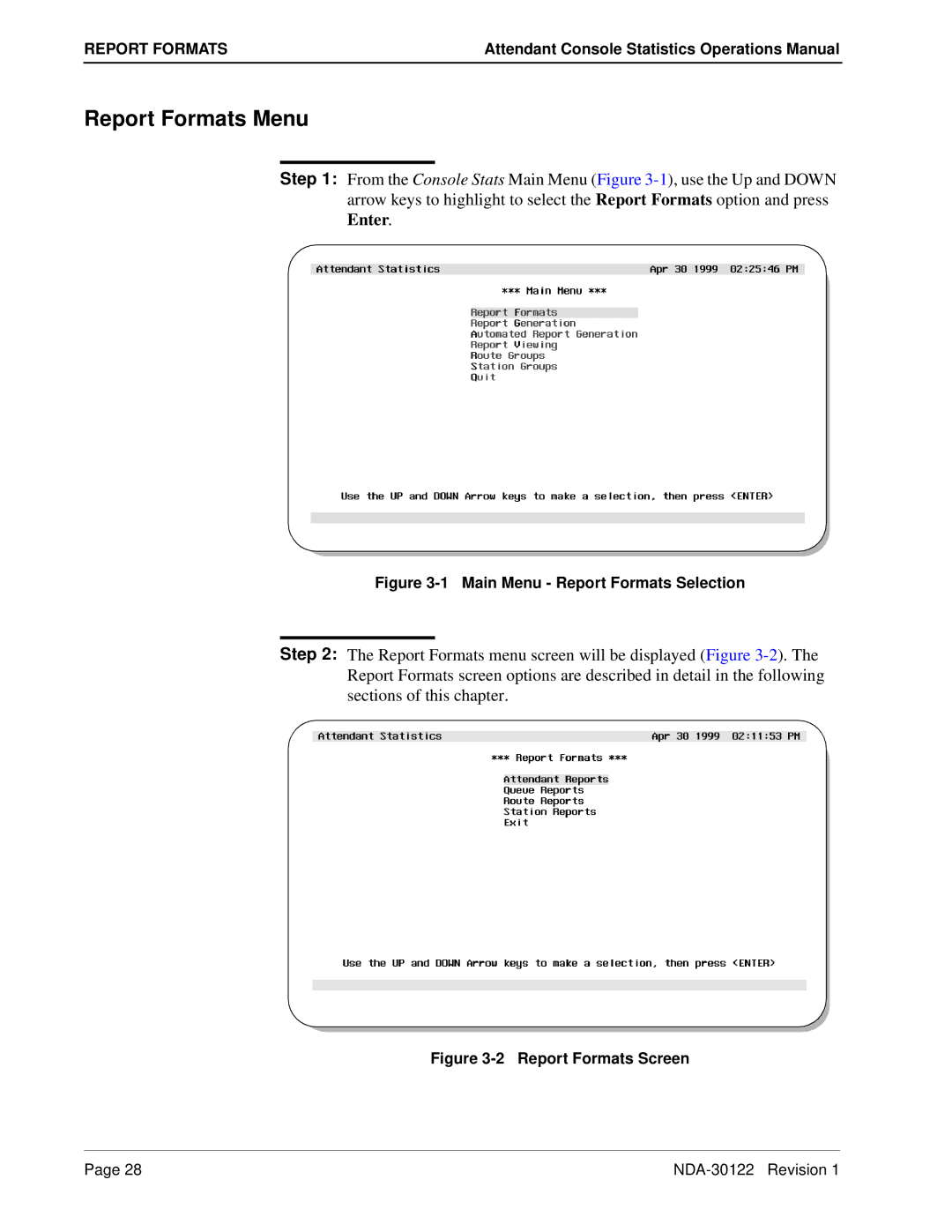 NEC NDA-30122 manual Report Formats Menu, Main Menu Report Formats Selection 