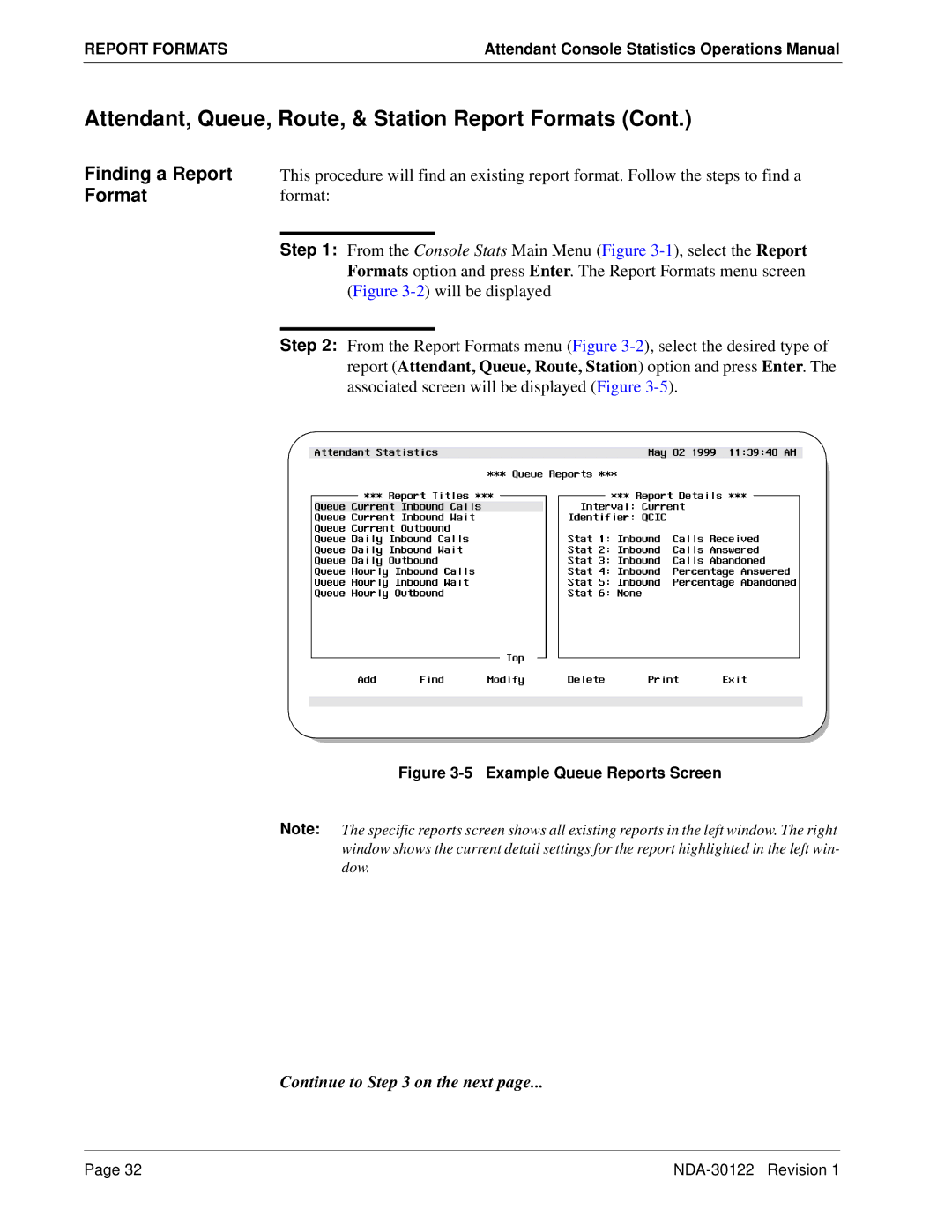 NEC NDA-30122 manual Finding a Report Format, Example Queue Reports Screen 