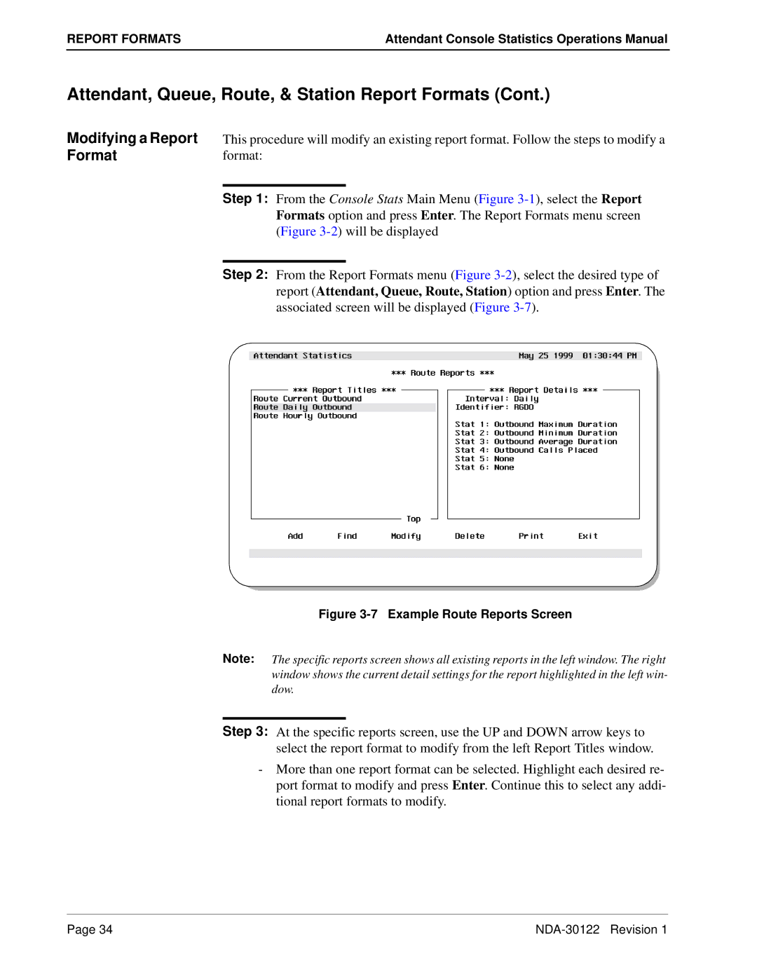 NEC NDA-30122 manual Modifying a Report Format, Example Route Reports Screen 